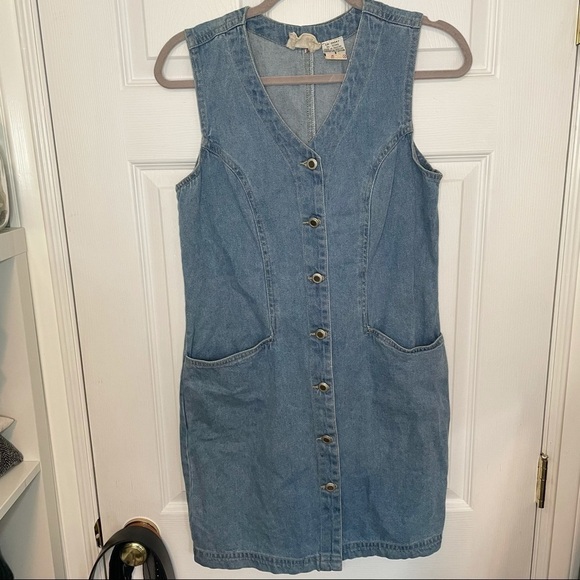 Vintage Dresses & Skirts - VINTAGE 100% cotton Blue Denim Button Down Dress small